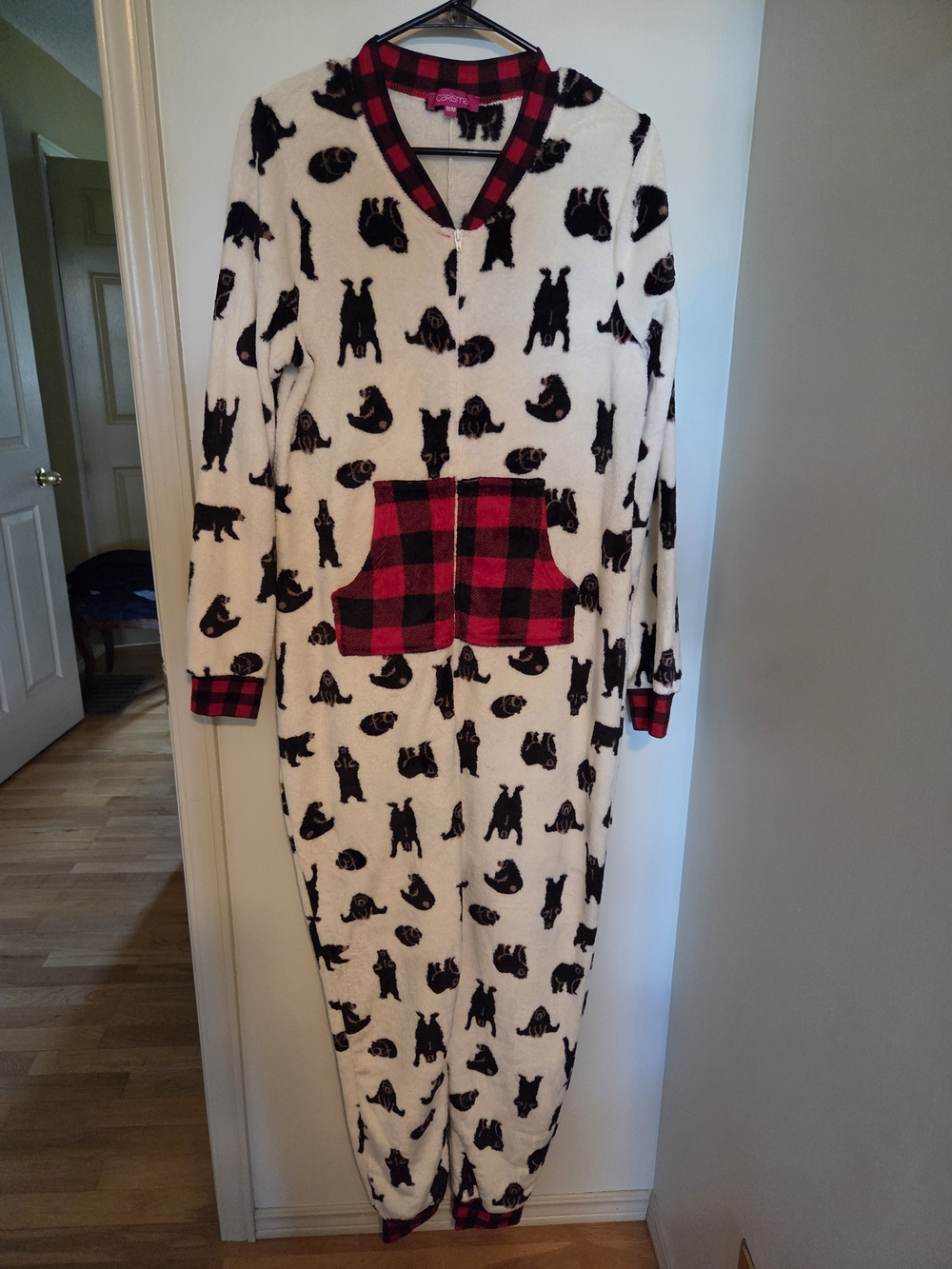 Charisma Bear Print Onesie Pajamas with Red Plaid Accents